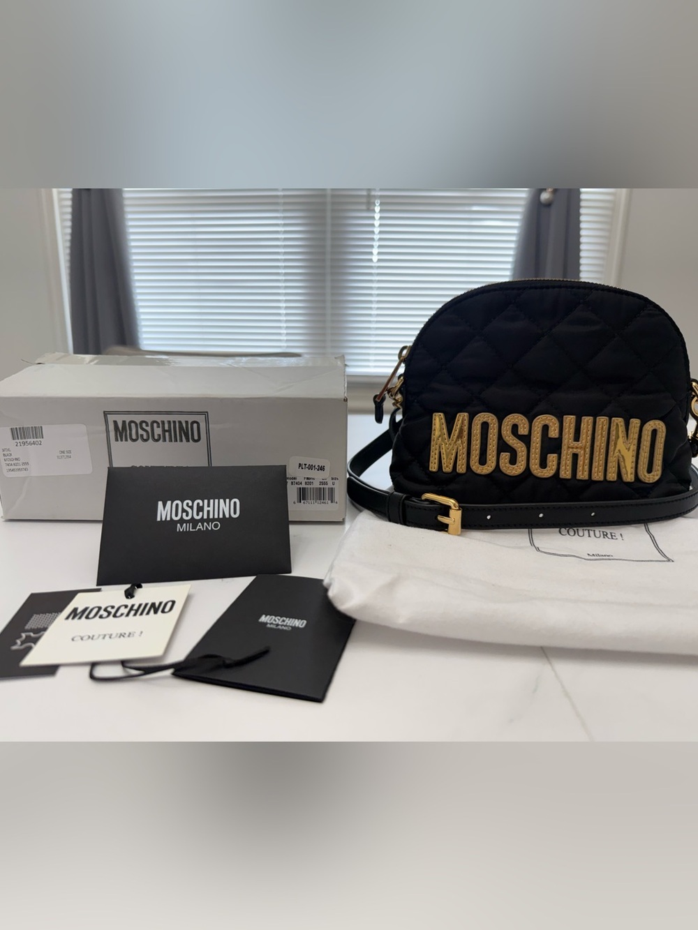 Moschino Black Quilted Crossbody Bag with Gold Logo